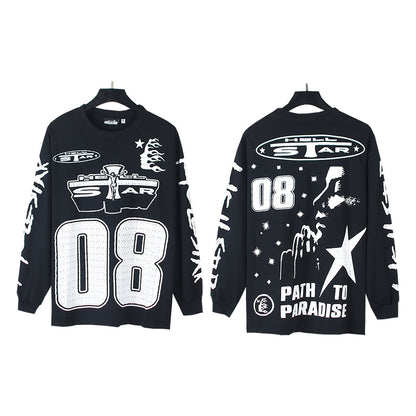 2025 Summer New American Fashion Brand Male and Female Couples Wear plus Size Loose Pullover Long Sleeve T-shirt Teenagers