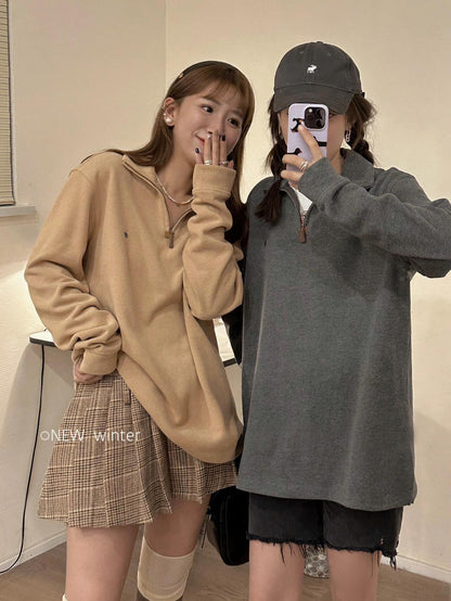 RL Ralph Pony Label Retro Couple Sweatshirt Women Long Sleeve Sweatshirt Men Polo Half Zipper Turn-down Collar Loose American Style