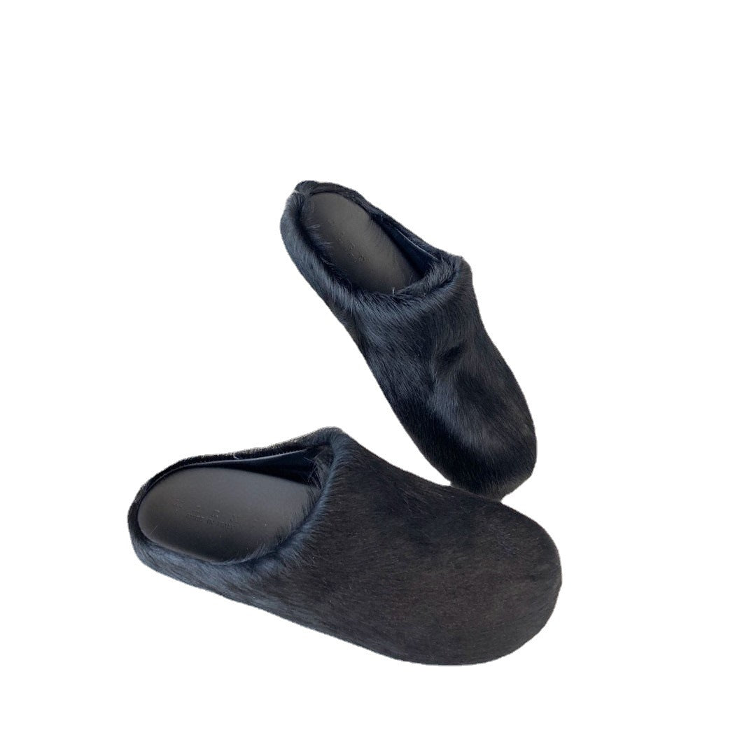 2024 New Couple Candy Color Internet Celebrity Same Style Fashion Closed-Toe Fur Slippers Women Flat Casual Horse Hair Half Slippers Men Shoes