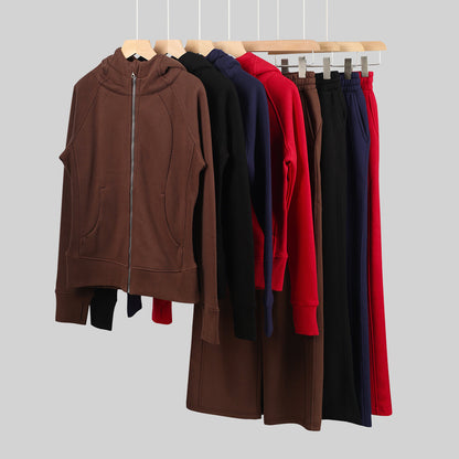 LULU Embroidered Hooded Zipper Cardigan Slim Fit Sweatshirt Set Fleece Lined Full Zipper Cardigan Jacket Gold Label