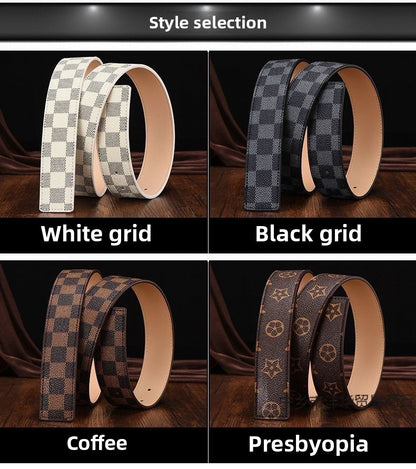New Men's Belt Smooth Buckle Waist Belt Letter Youth Plaid Pattern Belt Korean Style Trendy Casual Versatile