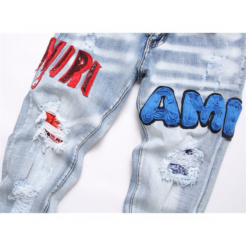 American Style Trendy Brand Jeans for Men with Patch Embroidery High Street Basic Ripped Skinny Fashion Casual Stretch Straight Long Pants