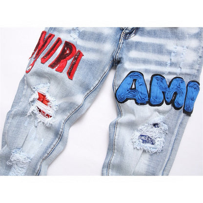 American Style Trendy Brand Jeans for Men with Patch Embroidery High Street Basic Ripped Skinny Fashion Casual Stretch Straight Long Pants