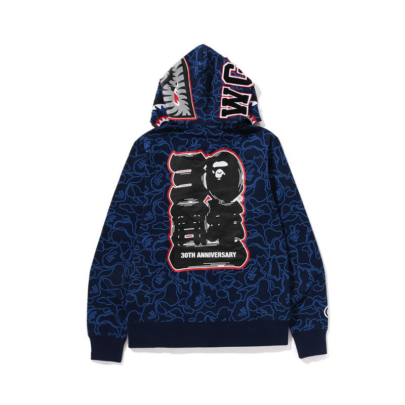 Shark Head Hoodie for Men Camouflage Full Print 30th Anniversary Pure Cotton Thin Fleece Hooded Sweatshirt