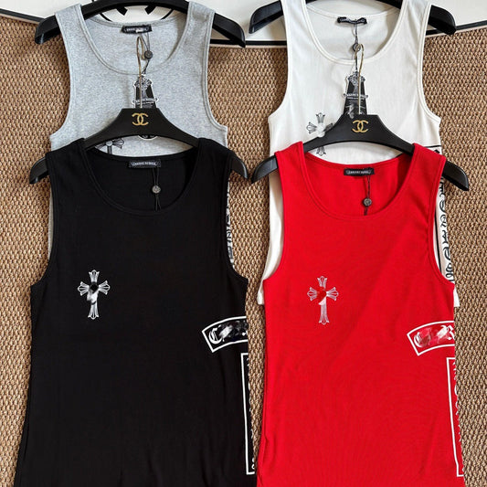 New summer T-shaped layered printed vest with elastic fabric and versatile design