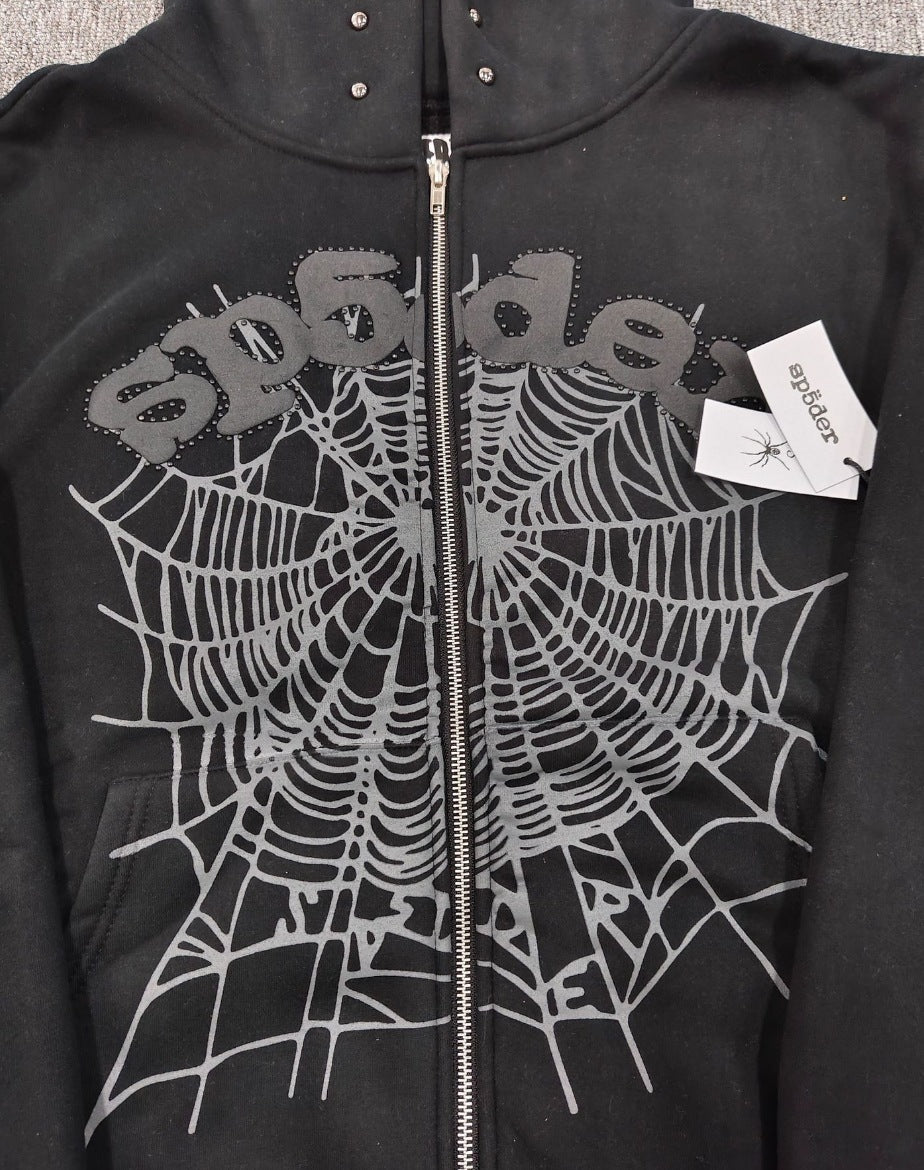 Trendy Brand Hoodie Casual Jacket Letter Black Strap Rhinestone Zipper Sp5-der Sweatshirt Men