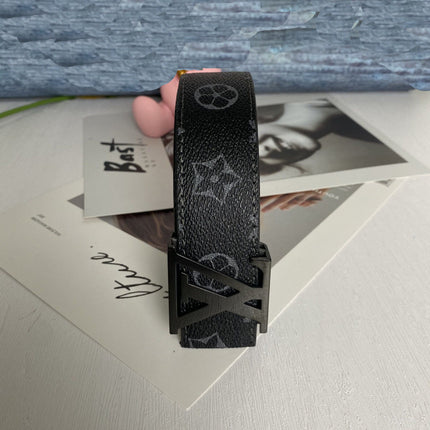 New Men's Belt Smooth Buckle Waist Belt Letter Youth Plaid Pattern Belt Korean Style Trendy Casual Versatile