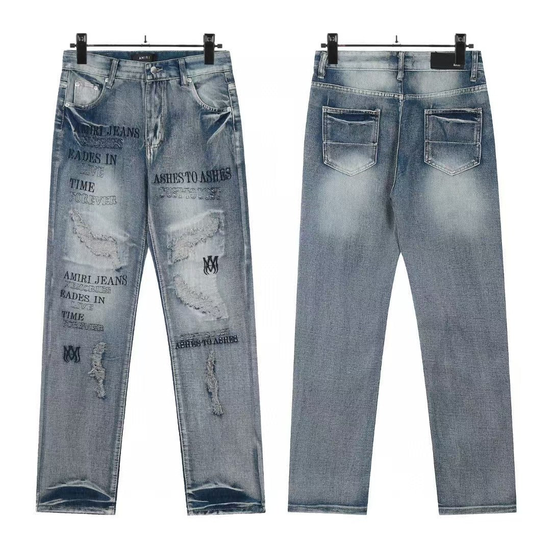 Cross-Border Foreign Trade AM American High Street Ripped Patch Letter Embroidery Washed Slim Straight Skinny Jeans Long Pants