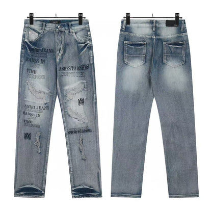 Cross-Border Foreign Trade AM American High Street Ripped Patch Letter Embroidery Washed Slim Straight Skinny Jeans Long Pants