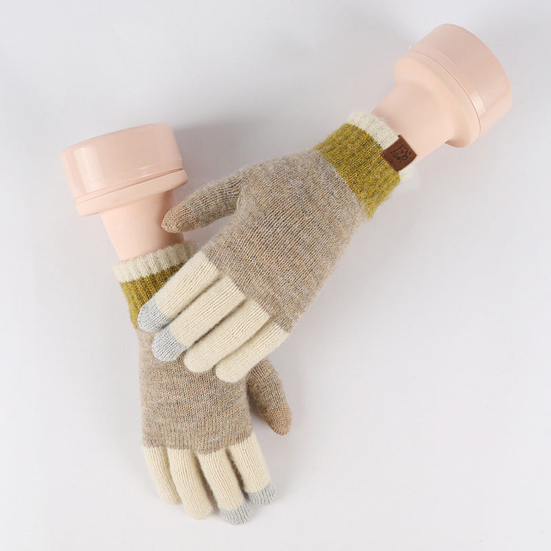 2024 Winter Popular Japanese Wool Knitted Plaid Gloves Fleece-lined Thickened Cycling Five-Finger Touch Screen Warm Gloves