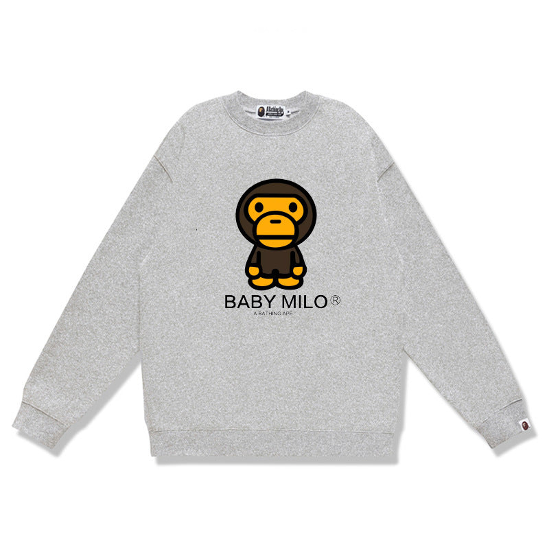 Terry Sweatshirt with Ape Man Letter Print, Unisex, Pure Cotton, Loose Fit, Thin, Crew Neck Pullover Top, Outerwear