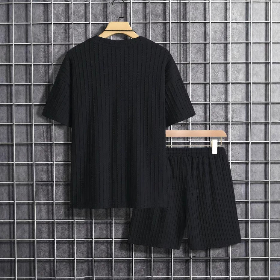 Fashion Striped Twist Short Sleeve T-Shirt and Shorts Two-Piece Loose Comfortable Casual Sports Set for Men