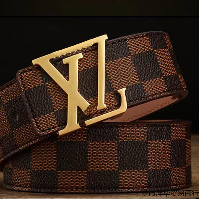 New Men's Belt Smooth Buckle Waist Belt Letter Youth Plaid Pattern Belt Korean Style Trendy Casual Versatile