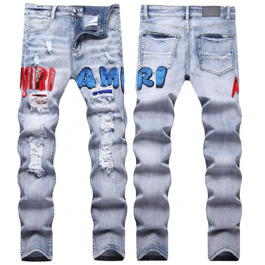 American Style Trendy Brand Jeans for Men with Patch Embroidery High Street Basic Ripped Skinny Fashion Casual Stretch Straight Long Pants