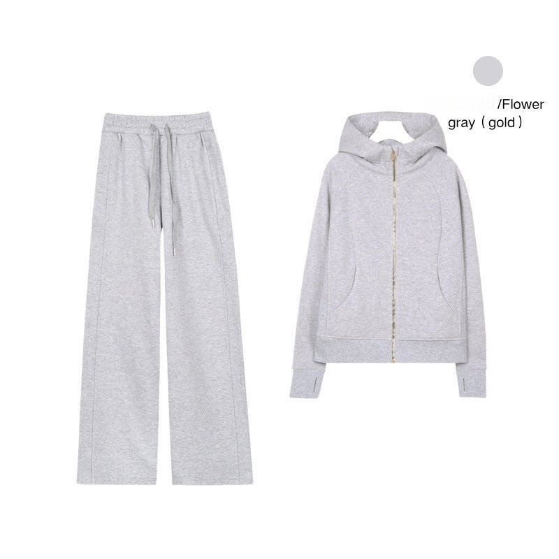 LULU Embroidered Hooded Zipper Cardigan Slim Fit Sweatshirt Set Fleece Lined Full Zipper Cardigan Jacket Gold Label