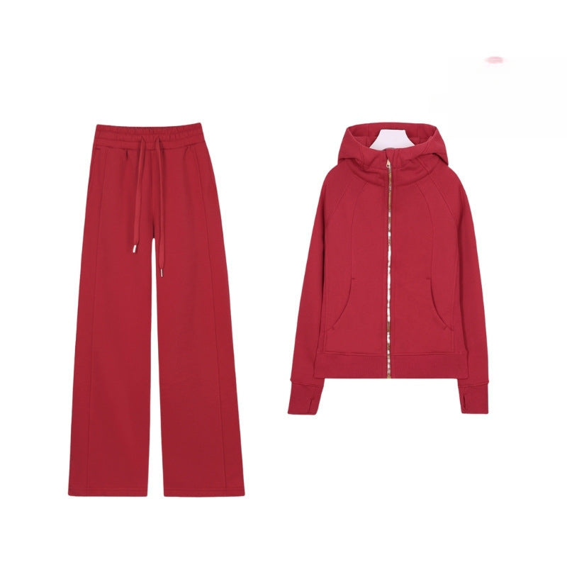 LULU Embroidered Hooded Zipper Cardigan Slim Fit Sweatshirt Set Fleece Lined Full Zipper Cardigan Jacket Gold Label