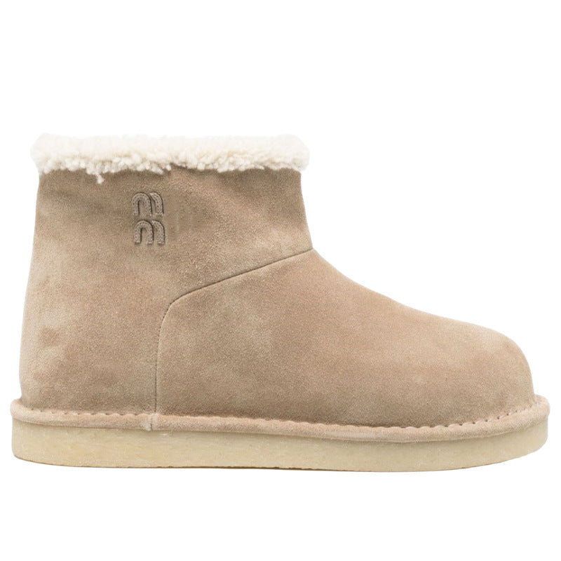 French Style Sheepskin Thick-Soled Snow Boots Round Toe Cow Suede Patchwork Warm Short Boots Versatile Flat Short Cotton Boots