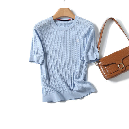 Miu Series Spring and Summer round Neck Embroidered Ruff Pony Fashion Simple Knitwear Female Tn2258 Fashion All-Matching