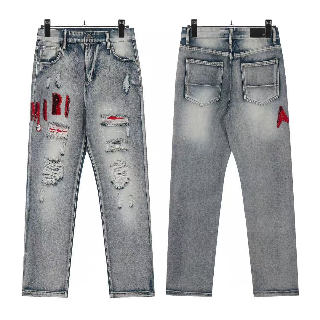 Cross-Border Foreign Trade AM American High Street Ripped Patch Letter Embroidery Washed Slim Straight Skinny Jeans Long Pants