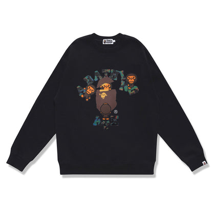 Terry Sweatshirt with Ape Man Letter Print, Unisex, Pure Cotton, Loose Fit, Thin, Crew Neck Pullover Top, Outerwear