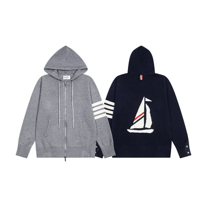 Tom Browne TB Sailboat Hooded Cardigan Color Block Zipper Knitted Sweater Jacket