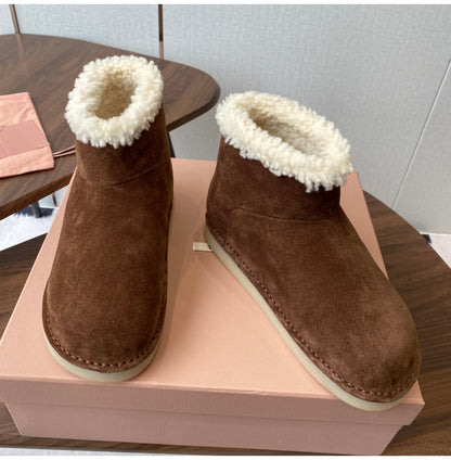 French Style Sheepskin Thick-Soled Snow Boots Round Toe Cow Suede Patchwork Warm Short Boots Versatile Flat Short Cotton Boots