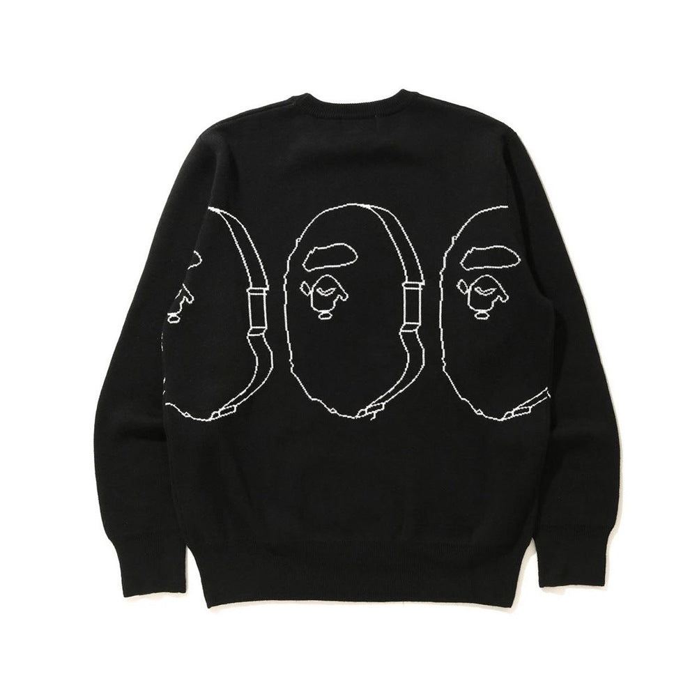 Trendy Brand Knitted Sweater Ape Head Round Neck Pullover Printed Casual Loose Fit Autumn Winter Top