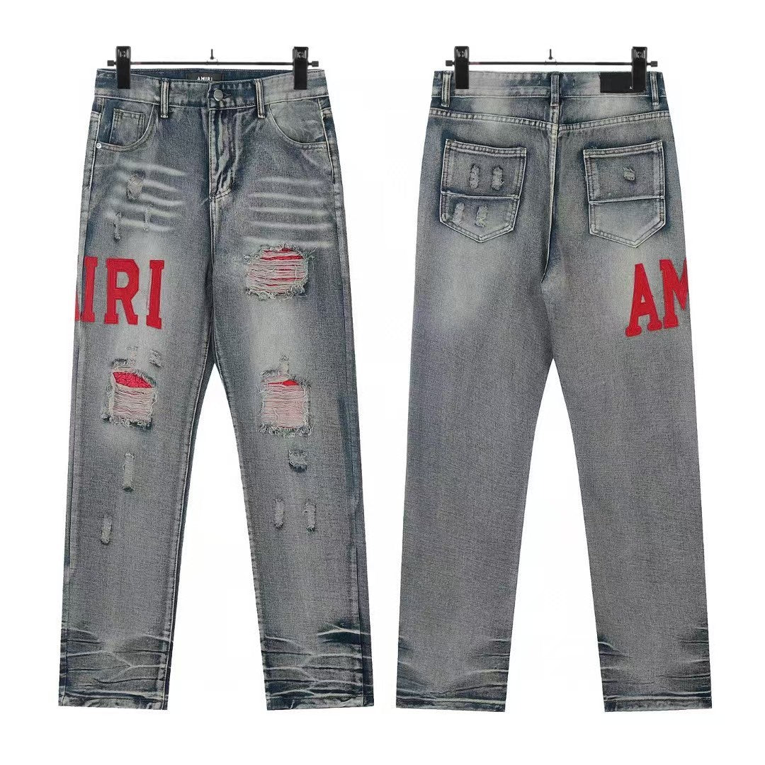 Cross-Border Foreign Trade AM American High Street Ripped Patch Letter Embroidery Washed Slim Straight Skinny Jeans Long Pants
