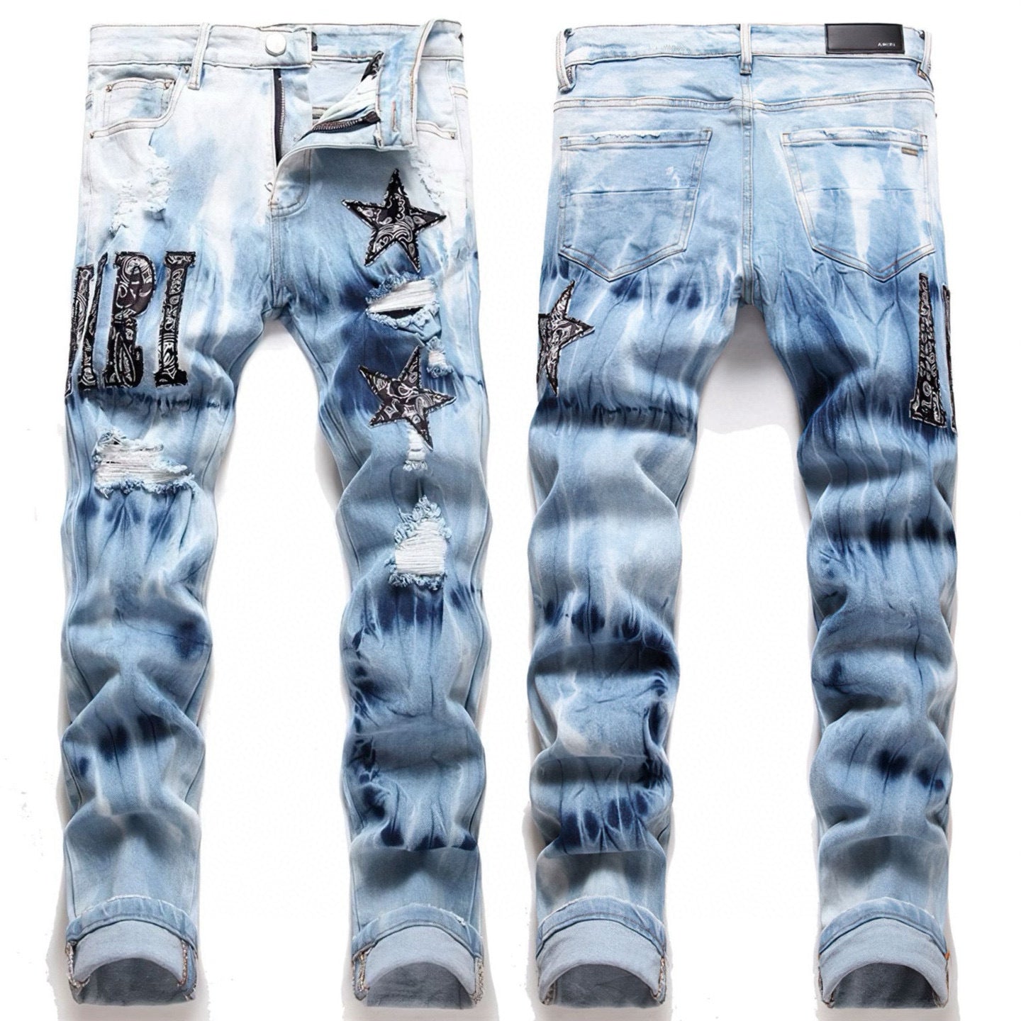 American Style Trendy Brand Jeans for Men with Patch Embroidery High Street Basic Ripped Skinny Fashion Casual Stretch Straight Long Pants