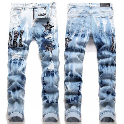 American Style Trendy Brand Jeans for Men with Patch Embroidery High Street Basic Ripped Skinny Fashion Casual Stretch Straight Long Pants