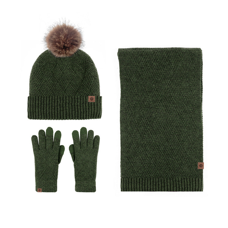 New Solid Color Wool Warm Hat Scarf Gloves Three-Piece Set Cold-Proof Fur Ball Fleece-lined Knitting Suit