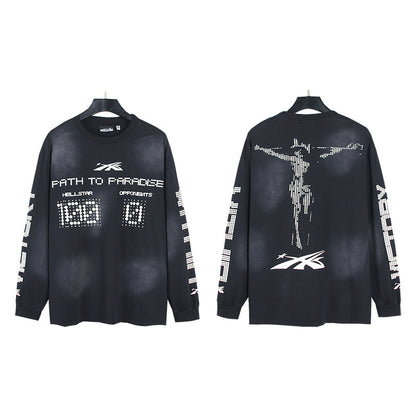 2025 Summer New American Fashion Brand Male and Female Couples Wear plus Size Loose Pullover Long Sleeve T-shirt Teenagers