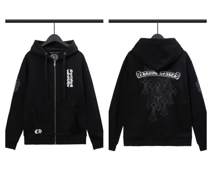 CH Autumn Winter New Cross Scroll Simple Classic Hooded Sweatshirt Zipper Pure Cotton Jacket