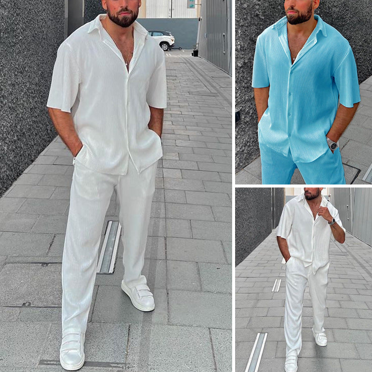 Men's Casual Loose Beachwear Solid Color Striped Short Sleeve Suit Southeast Asian Men's Shirt Two-Piece Set