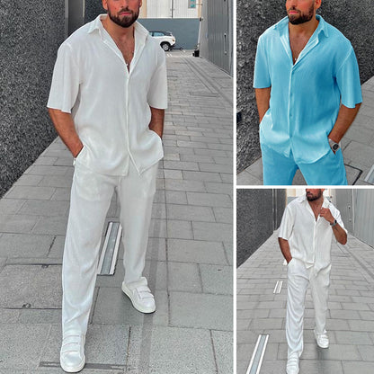 Men's Casual Loose Beachwear Solid Color Striped Short Sleeve Suit Southeast Asian Men's Shirt Two-Piece Set