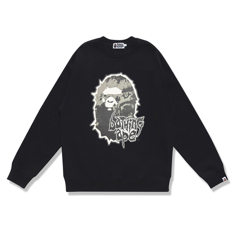 Terry Sweatshirt with Ape Man Letter Print, Unisex, Pure Cotton, Loose Fit, Thin, Crew Neck Pullover Top, Outerwear