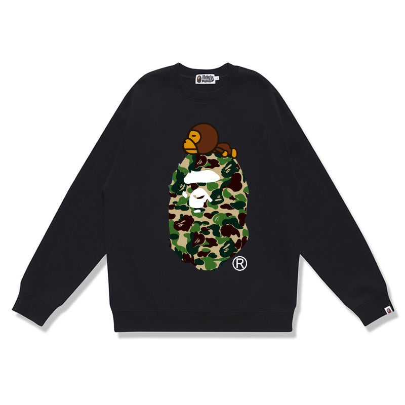 Terry Sweatshirt with Ape Man Letter Print, Unisex, Pure Cotton, Loose Fit, Thin, Crew Neck Pullover Top, Outerwear