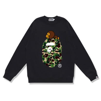 Terry Sweatshirt with Ape Man Letter Print, Unisex, Pure Cotton, Loose Fit, Thin, Crew Neck Pullover Top, Outerwear
