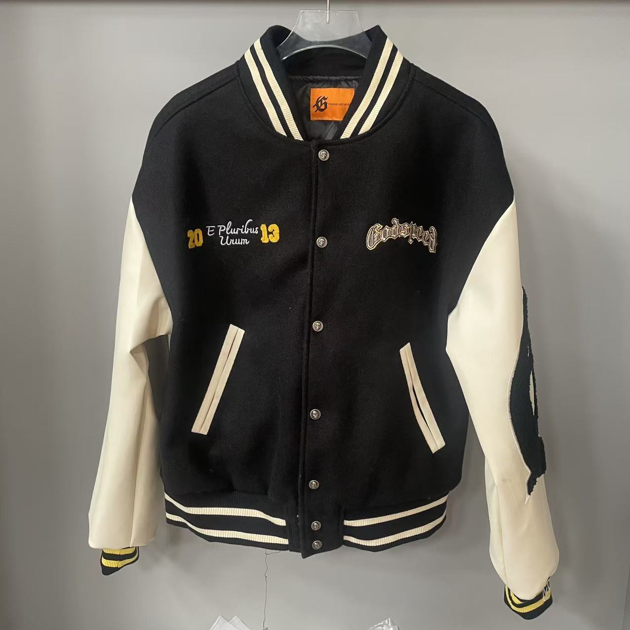 GODSPEED Heavy Embroidery PU Leather Patchwork Jacket Coat Unisex Woolen Padded Baseball Jacket