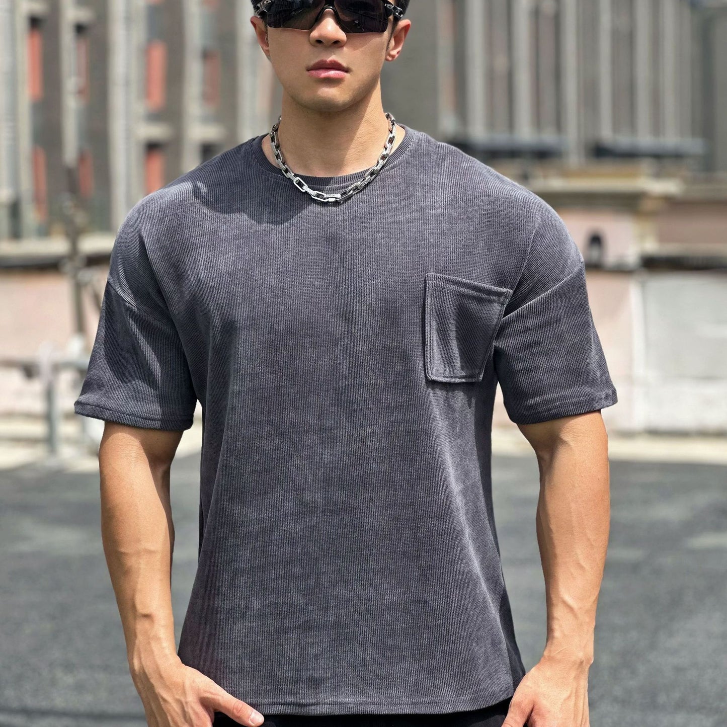 New Muscle Fitness Brothers Sports Men's T-Shirt Spring Summer Round Neck Corduroy Casual Running Men's Pocket T-Shirt