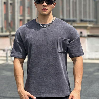 New Muscle Fitness Brothers Sports Men's T-Shirt Spring Summer Round Neck Corduroy Casual Running Men's Pocket T-Shirt