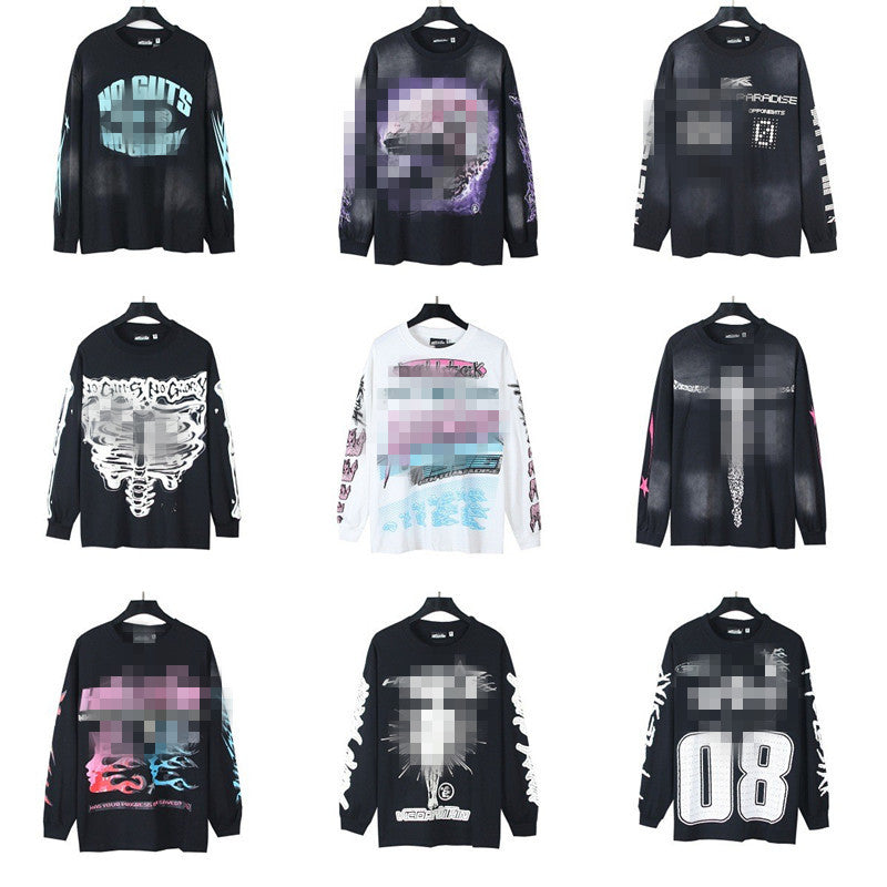 2025 Summer New American Fashion Brand Male and Female Couples Wear plus Size Loose Pullover Long Sleeve T-shirt Teenagers