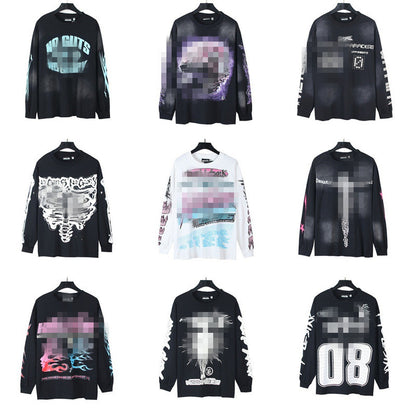 2025 Summer New American Fashion Brand Male and Female Couples Wear plus Size Loose Pullover Long Sleeve T-shirt Teenagers