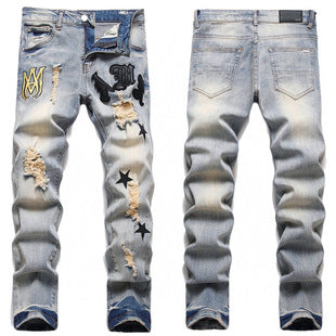 American Style Trendy Brand Jeans for Men with Patch Embroidery High Street Basic Ripped Skinny Fashion Casual Stretch Straight Long Pants