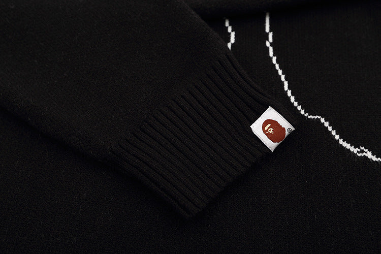 Trendy Brand Knitted Sweater Ape Head Round Neck Pullover Printed Casual Loose Fit Autumn Winter Top