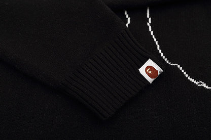 Trendy Brand Knitted Sweater Ape Head Round Neck Pullover Printed Casual Loose Fit Autumn Winter Top