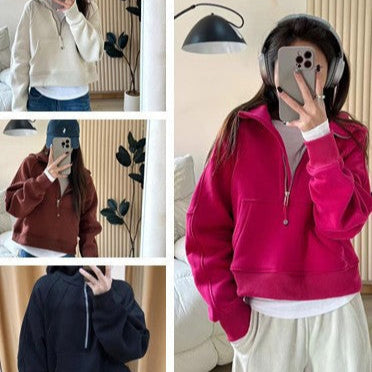 Lulu Same Style Winter Half-Zip Loose Hooded Sweatshirt for Women, Autumn and Winter Fleece-Lined Slim Fit Hoodie Jacket