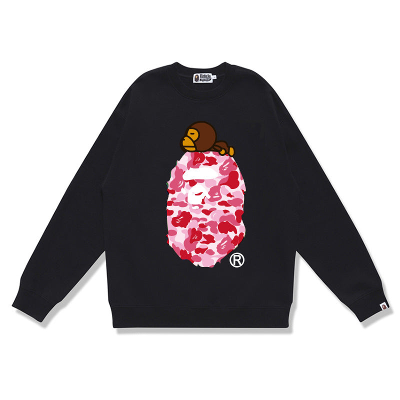Terry Sweatshirt with Ape Man Letter Print, Unisex, Pure Cotton, Loose Fit, Thin, Crew Neck Pullover Top, Outerwear