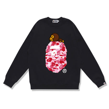 Terry Sweatshirt with Ape Man Letter Print, Unisex, Pure Cotton, Loose Fit, Thin, Crew Neck Pullover Top, Outerwear