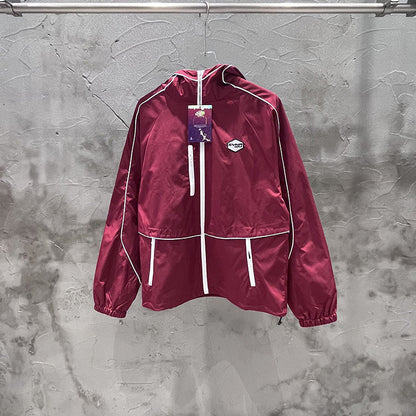 GMABCD Red Hooded Jacket - contrast piping and zip-front view